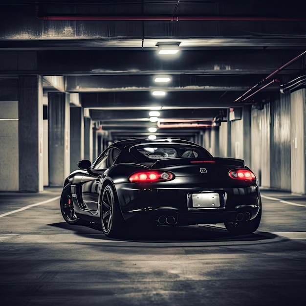 Czarny samochód sportowy w podziemnym parkingu w nocy renderowania 3D