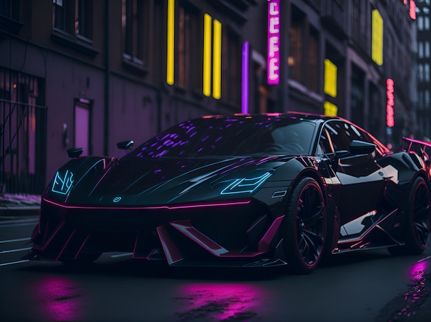 Czarny samochód z neonowymi światłami z napisem Lamborghini'Generative Ai