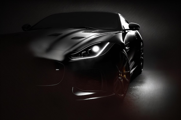 Czarny samochód z włączonymi reflektorami w ciemnym pokoju.