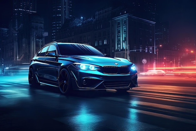 Czarny samochód ze świecącymi reflektorami na drodze w mieście renderowania 3D Samochód na drodze w mieście nocą renderowania 3D Wygenerowano AI