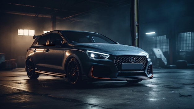 Czarny sedan audi rs6 w garażu z mglistym tłem.