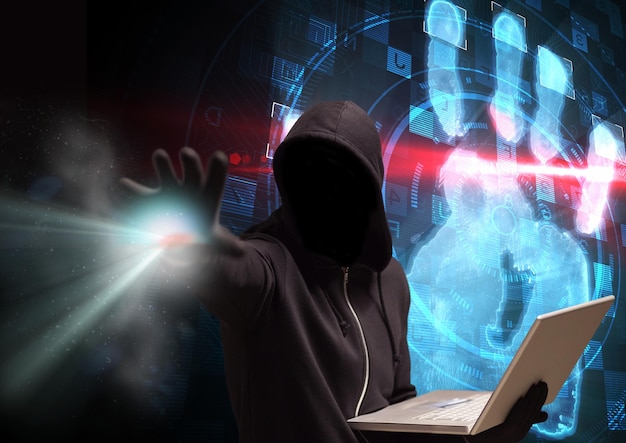 Zdjęcie czarny skoczek haker bez twarzy siedzi z tłem skanowania dłoni na komputerze