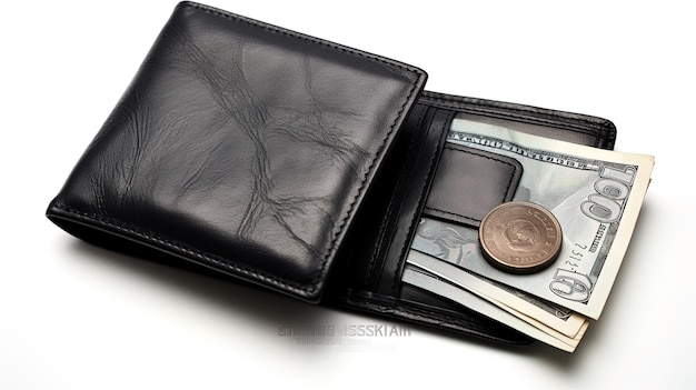 Czarny skórzany portfel z pieniędzmi w tle na białej powierzchni wygenerowanej przez sztuczną inteligencję