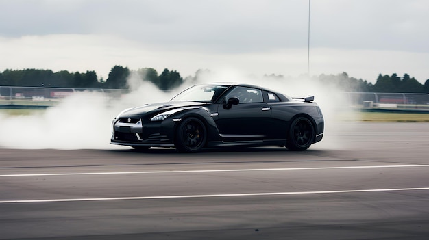 Czarny sportowy samochód jeżdżący na torze z dymem wychodzącym z niego ai generowany