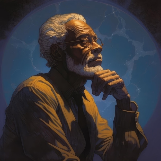 Czarny starzec w myśleniu i wątpliwościach fotorealistyczna ilustracja Męska postać z marzycielską twarzą na abstrakcyjnym tle Ai wygenerował realistyczny jasny plakat