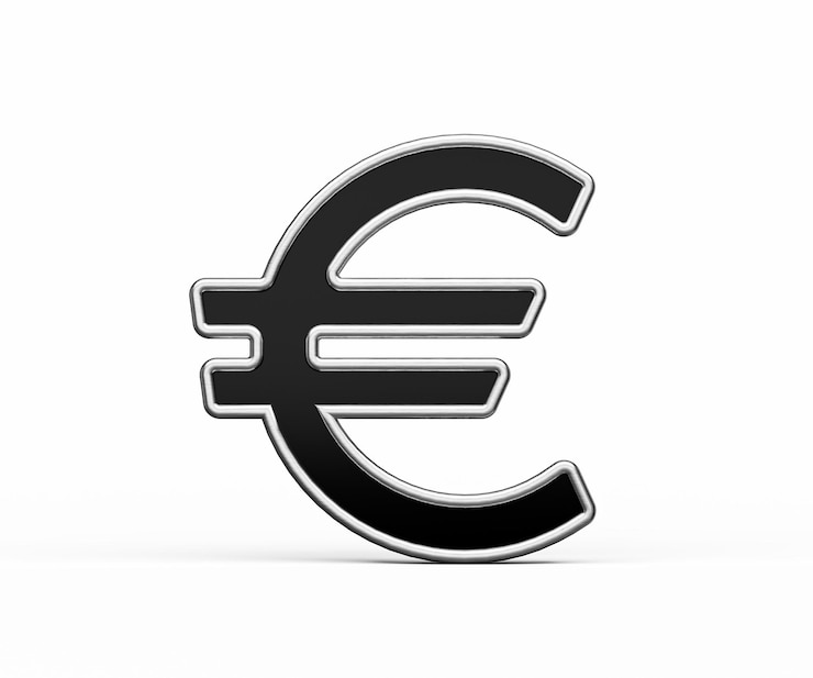 Zdjęcie czarny symbol europejskiej waluty euro z metalowym połyskiem i wykończonymi krawędziami ilustracja 3d