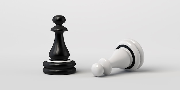 Czarny szachowy pion wygrywa biały. Na białym tle.