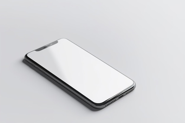 Czarny telefon z pustym ekranem leży na szarej powierzchni.