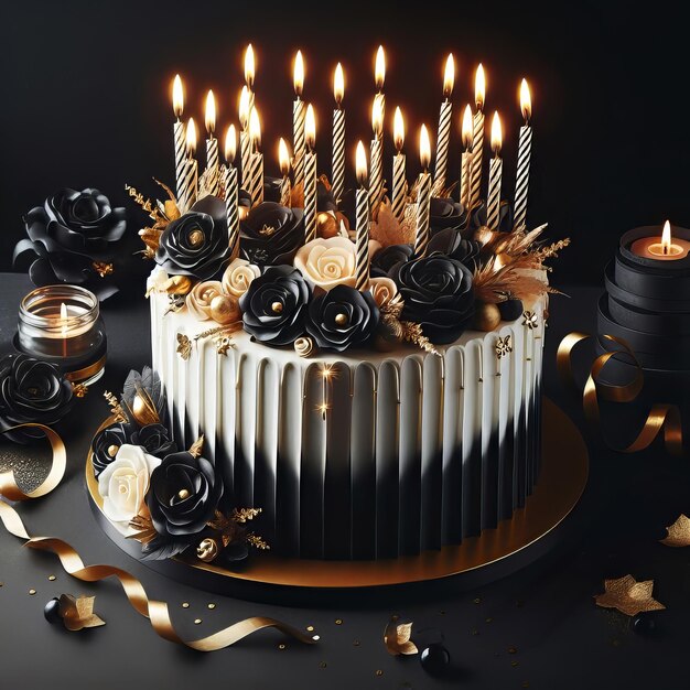 Czarny tort urodzinowy ze złotymi świecami na czarnym tle pocztówka Wszystkiego najlepszego