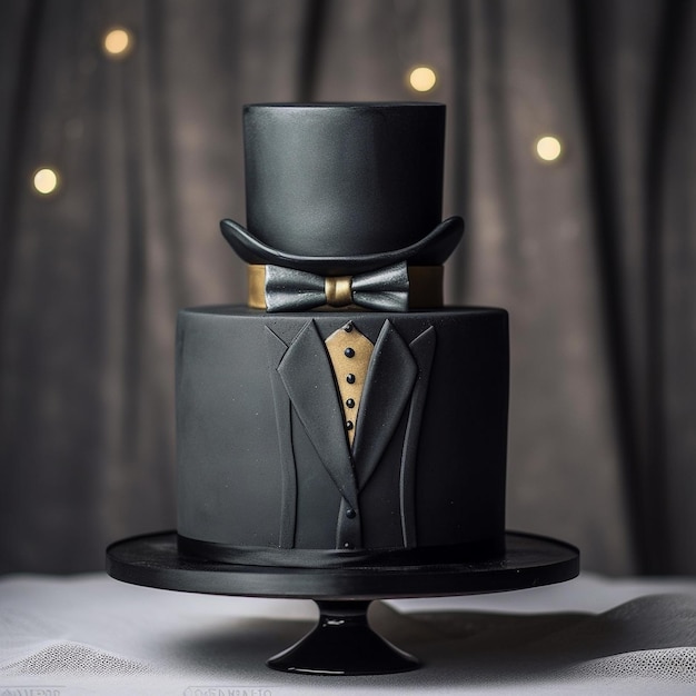 czarny tort z cylindrem na stole.