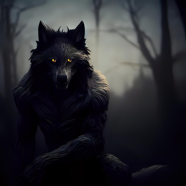 Czarny uosobiony wilk w lesie