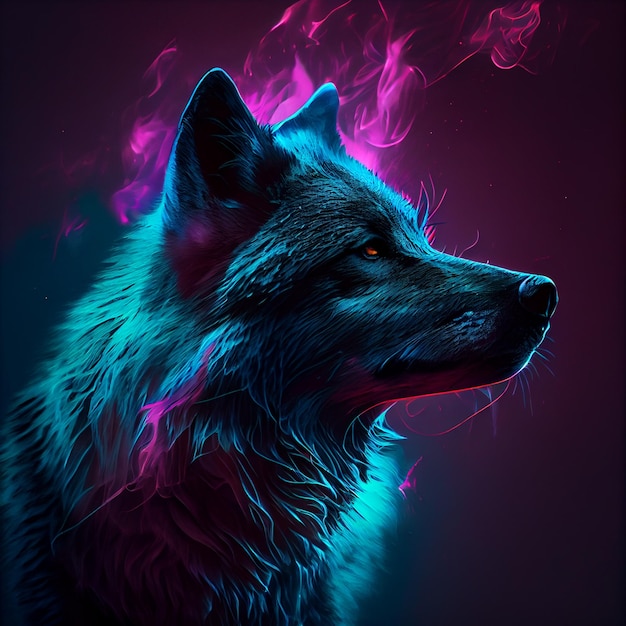 Czarny wilk z neonowym kolorowym dymem