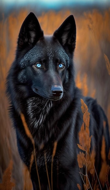 Czarny wilk z niebieskimi oczami