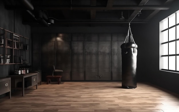 Czarny worek bokserski wisi na czarnym skórzanym worku treningowym w ciemnej sali gimnastycznej.
