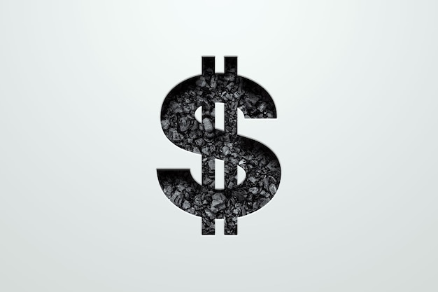 Zdjęcie czarny znak dolara wypełniony czarnym węglem drzewnym pieniądze z kopalnego węgla z czarnego węgla