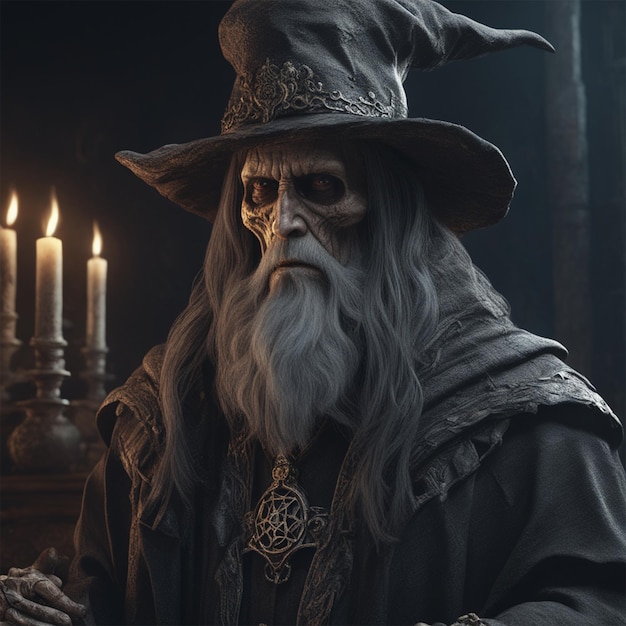 Zdjęcie czarodziej w ciemnym kapeluszu