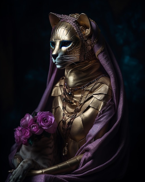 Czarownica bogini fantasy w złotej masce kota i złotych akcesoriach z różowymi tkaninami