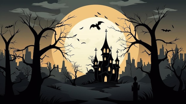 czarownica halloween pokazuje znak ciszy z palcem stojącym nad krzyżem kościół kruka nietoperz ptaki martwe drzewo