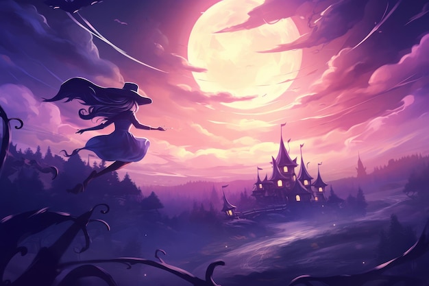 Czarownica latająca na wielkim nocnym tle pełni księżyca fantasy temat halloween