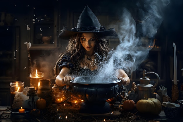 Czarownica mieszająca kocioł z dymem i bąbelkami Tło obchodów Halloween