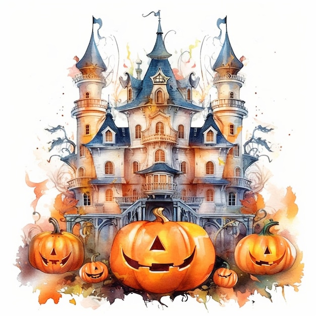 Czarownica Nawiedzony dom Dynie Nietoperze Halloween Holiday Design Straszna głowa dyni