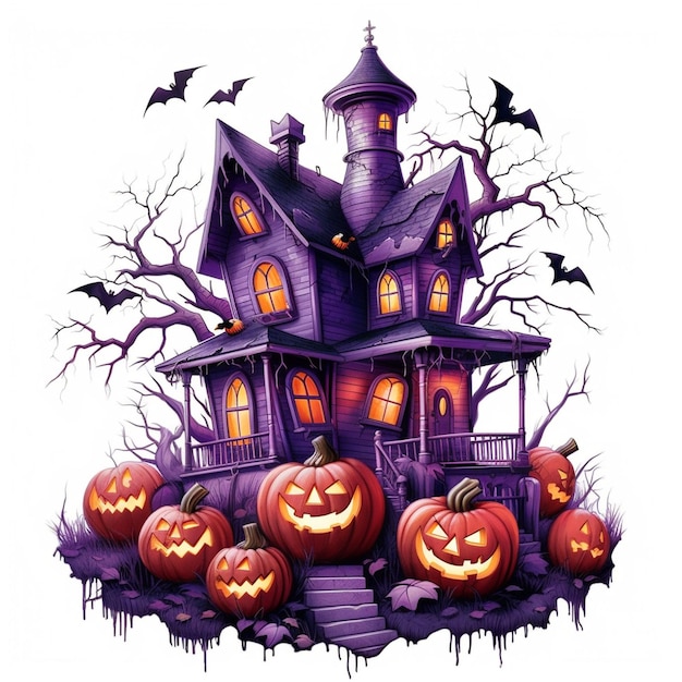 Czarownica Nawiedzony dom Dynie Nietoperze Halloween Holiday Design Straszna głowa dyni