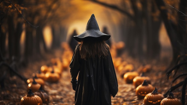 Czarownica spacerująca po lesie w Halloweenowym horrorze, strasznym, żółtym, jesiennym strasznym tle