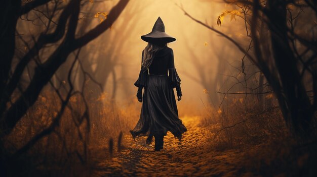 Czarownica spacerująca po lesie w Halloweenowym horrorze, strasznym, żółtym, jesiennym strasznym tle