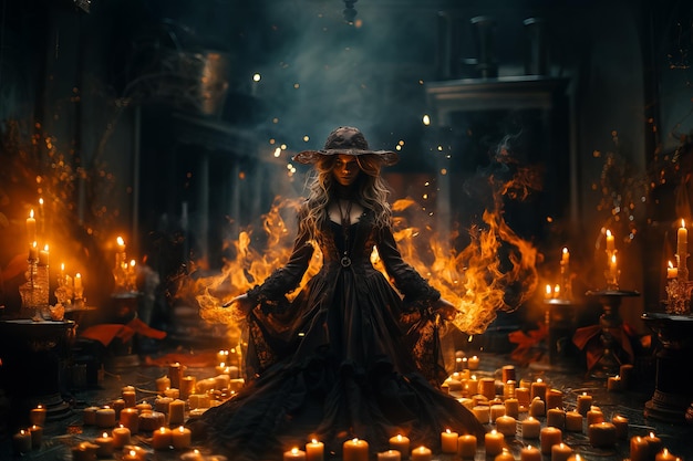 czarownica w gotyckiej sukience rzuca zaklęcie ognia w koncepcji Halloween starego zamku