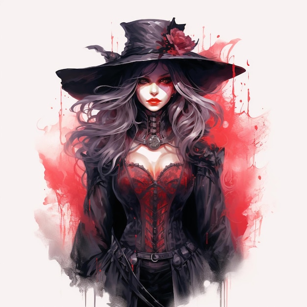 Czarownica z czarnym kapeluszem i czerwoną sukienką oraz generatywnym tłem poplamionym krwią