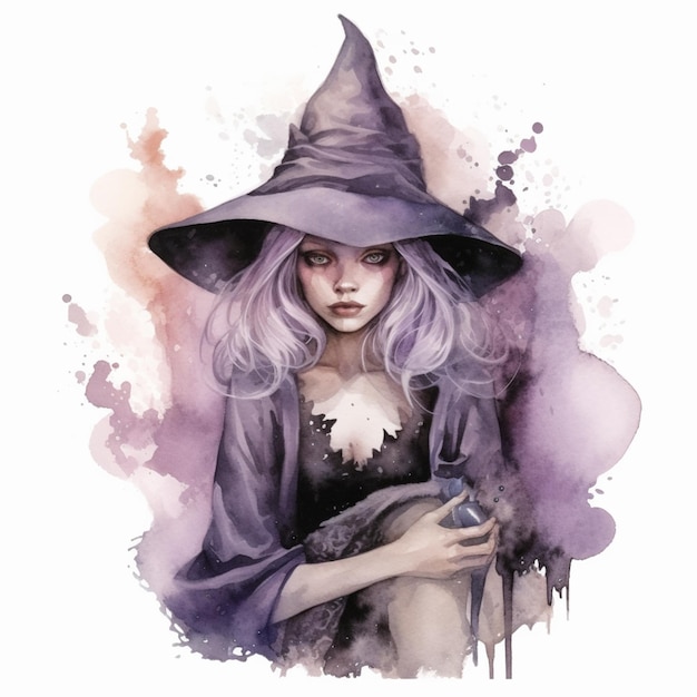 Zdjęcie czarownica z fioletowymi włosami i kapeluszem trzymająca telefon komórkowy generatywny ai