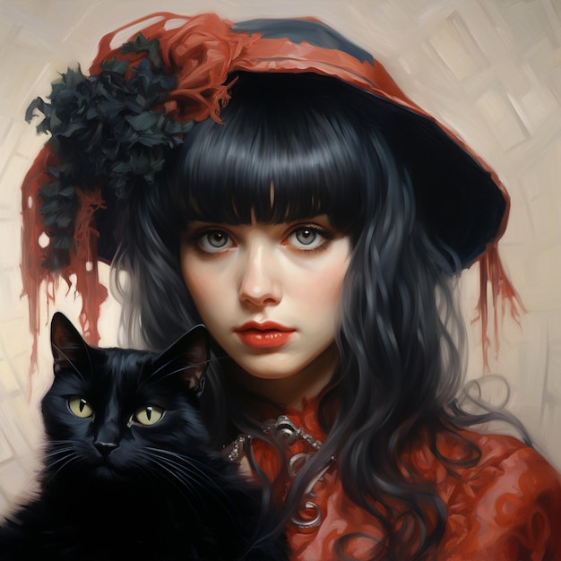 czarownica z grzywką i portret czarnego kota z bliska strzał patrząc na kamery koty halloween helloween