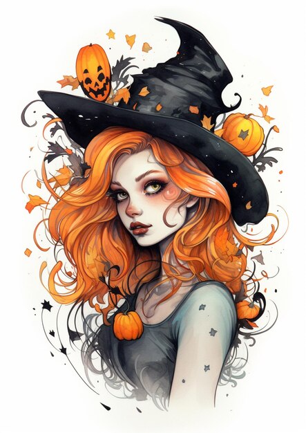 Czarownica z pomarańczowymi włosami i czarnym kapeluszem z dyniami generatywny ai