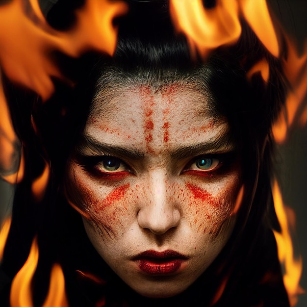 Czarownica z portretem fantasy z ogniem