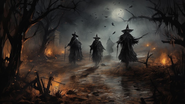 Czarownice spacerują po ciemnych lasach na ilustracji Halloween Horror, straszne, przerażające tło