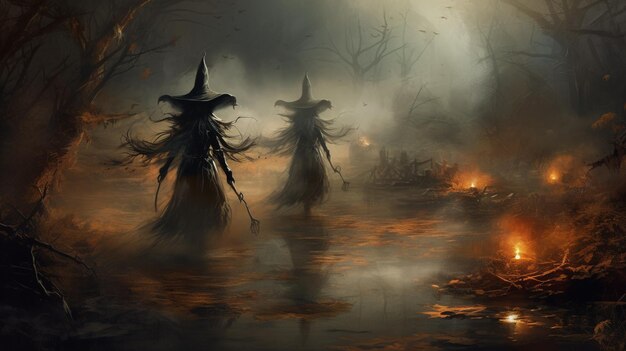 Czarownice spacerują po ciemnych lasach na ilustracji Halloween Horror, straszne, przerażające tło