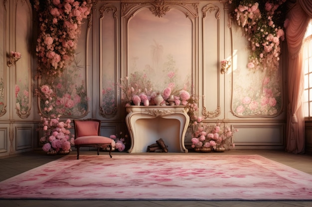 Czarująca elegancja Czarujący ręcznie pomalowany pokój rozkwitający różami na wysokich sufitach