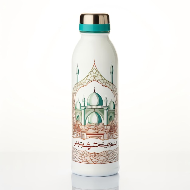 Czarująca i piękna butelka wody z islamskim motywem izolowana na białym tle