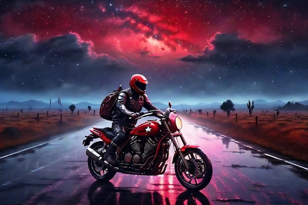 Czarująca jazda motocyklem 8K Ghost Rider na deszczowej nocy pod rozgwieżdżonym czerwonym niebem