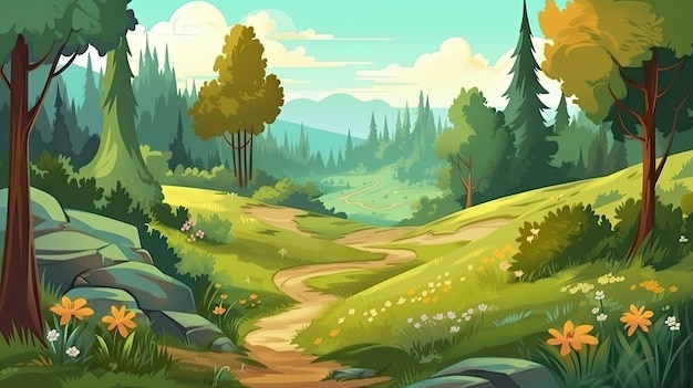 Czarująca leśna łąka ilustracja kreskówka dla dzieci Generative AI