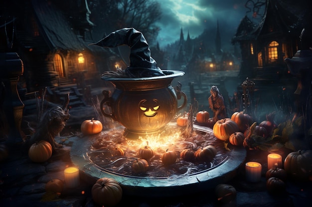 Czarująca noc Halloween Tajemniczy blask kotła stworzony za pomocą generatywnej sztucznej inteligencji