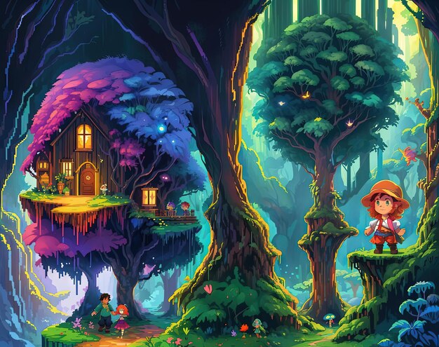 Czarująca okładka Pixel Adventure do książki dla dzieci, której akcja rozgrywa się w ciemnych lasach