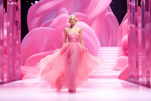 Czarująca parada lalek w różowej sukience Kapryśna prezentacja mody i zabawy Generująca sztuczna inteligencja