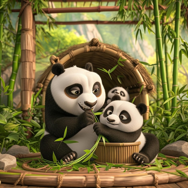 Czarująca Scena Z Kreskówki 3d Cuddly Pandas W Bamboo Haven