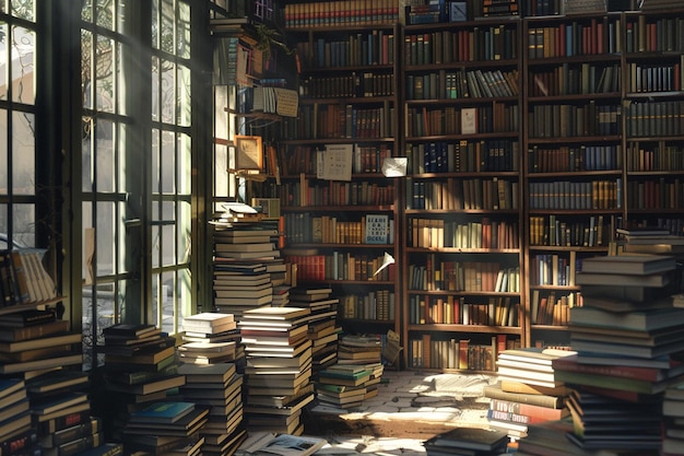 Czarująca stara księgarnia z stosami książek