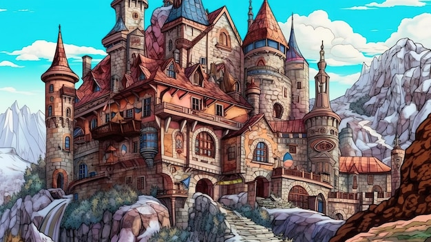 Czarujące bajkowe zamki Koncepcja fantasy Malarstwo ilustracyjne