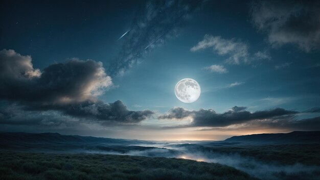Czarujące nocne niebo, księżyc pełny, chmury i gwiazdy, Peter Snow