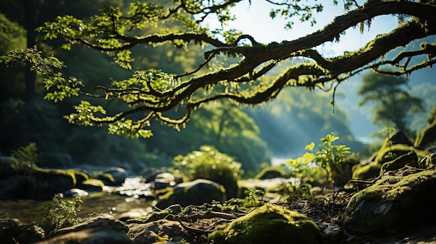 Czarujące piękne drzewo w kompozycji leśnej, gdy słońce oświetla całą scenę Generatywna sztuczna inteligencja