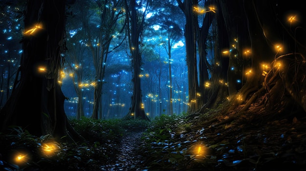 Czarujące świetliki tworzące magiczny taniec świateł w spokojnym lesie o zmierzchu