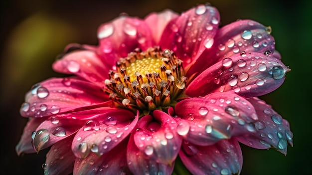 Czarujące zbliżenie nasłonecznionego letniego kwiatu z delikatnymi kroplami rosy i promiennymi kolorami